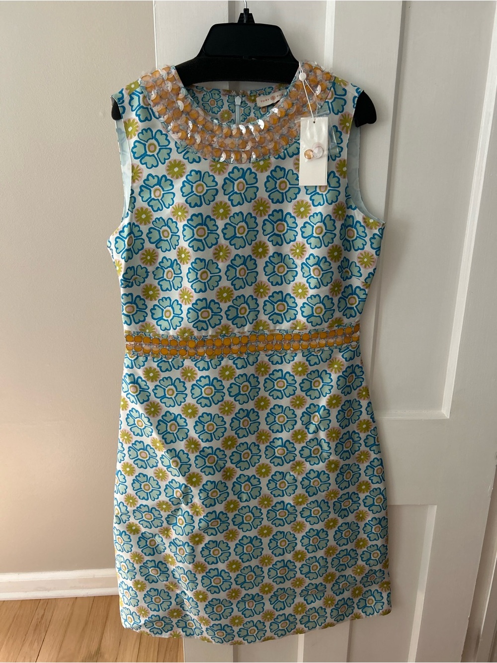 Tory Burch Blue and Yellow Floral Beaded Neck Shift Dress